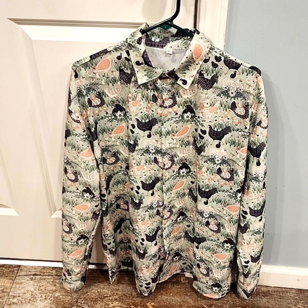 Woman's dress shirt with chicken print